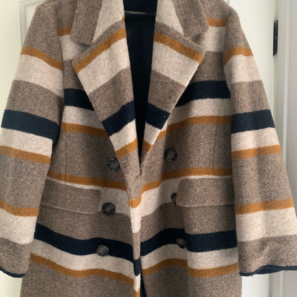 H&M neutral striped doubled breasted coat